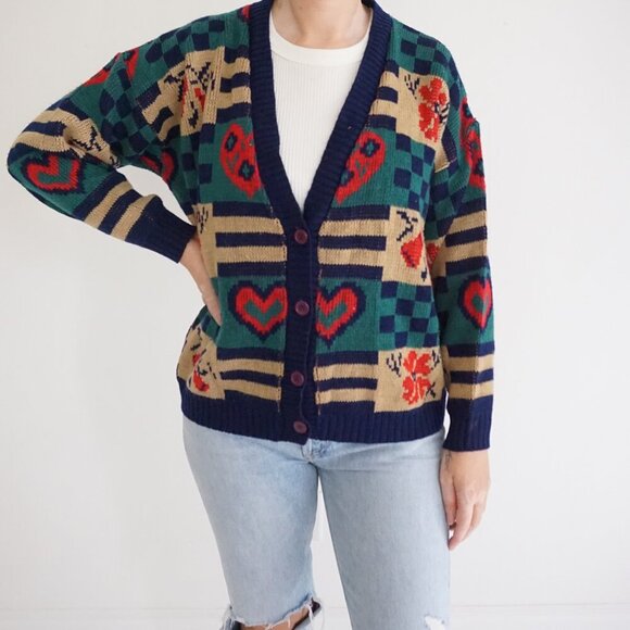 Vintage Cabin Creek Knit Cardigan 90s Grandmacore Preppy Cozy Retro Heart M - Picture 1 of 10